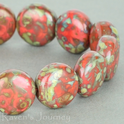 Lentil (10mm) Coral Red Opaque with Picasso Fullcoat