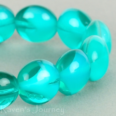 Puffy Lentil (11x7mm) Aqua (Uranium) White Mix Opaque Transparent