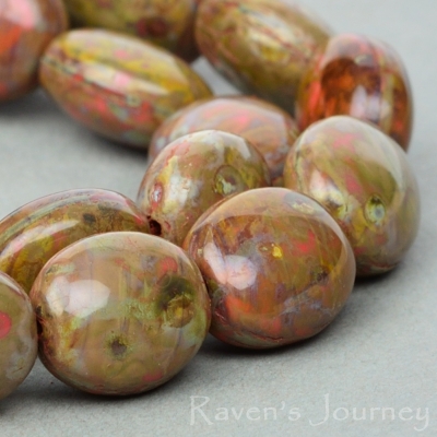 Oval (12x10mm) Coral Red with Picasso Fullcoat, 6 Strands of 15 Beads per unit *Last Unit Remaining*