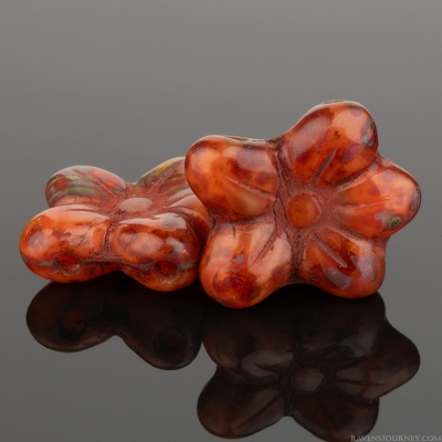 Pansy Flower 2 hole (14X12mm) Orange Silk with Picasso Finish