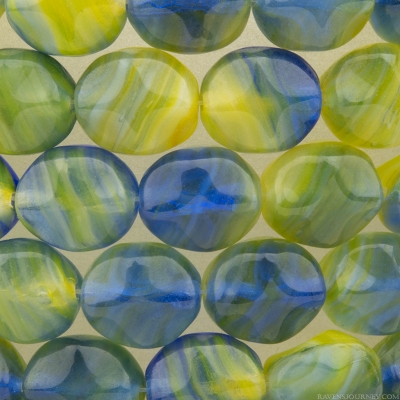 Oval with Cross (10X9mm) Cobalt Blue and Olive Yellow Opaline Mix