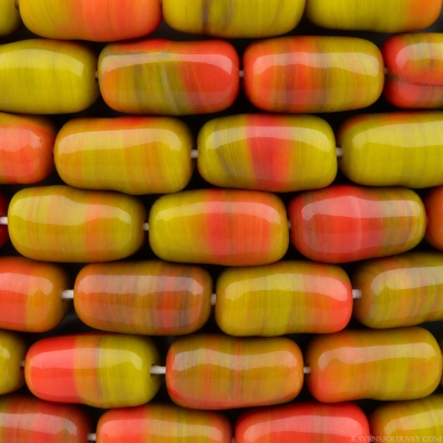 Barrel (11x6mm) Gaspeite Green and Orange Coral Opaque Mix