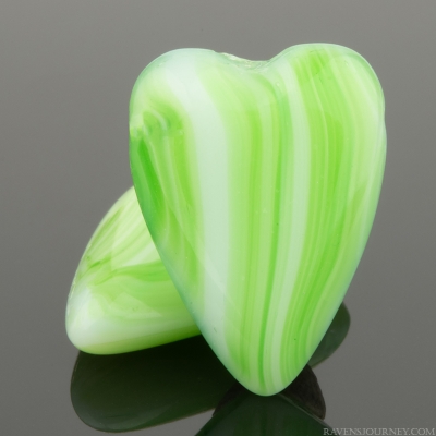 Top Drilled Heart (17X13mm) Spring Green Stripes over White Opaque Core