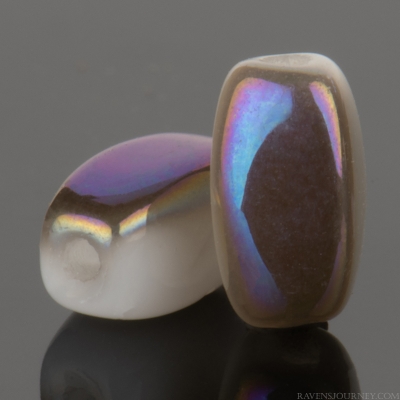 Four Sided Rice Bead (7x4mm) White Opaque with Blue Iris Half Coat Finish