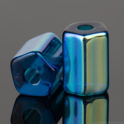 Five Sided Rice Bead (6x4mm) Teal Blue Transparent with Aurora Borealis Half Coat Finish-osx