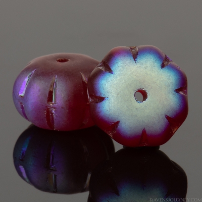 Large Melon Rondelle (11x8mm) Vibrant Ruby Red Transparent Matte with Aurora Borealis Half Coat Finish