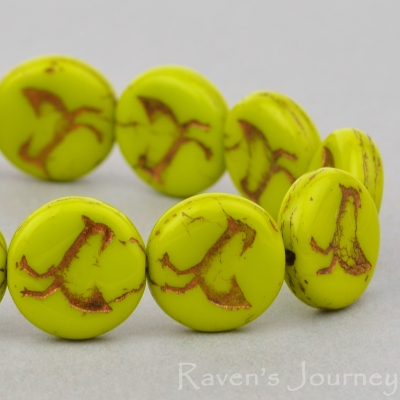 Coin with Bird (12mm) Green Gaspeite Opaque with Bronze Wash