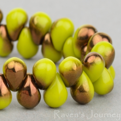 Pressed Drop (6x4mm) Gaspeite Green Opaque with Bronze Halfcoat