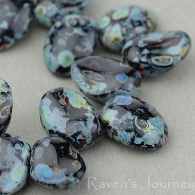 Petal (8x6mm) Jet Opaque with Blue Picasso