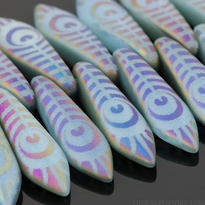 Medium Dagger (16x5mm) Blue Opaline Matte with Rainbow Finish and Laser Etched Peacock Feather Design-osx