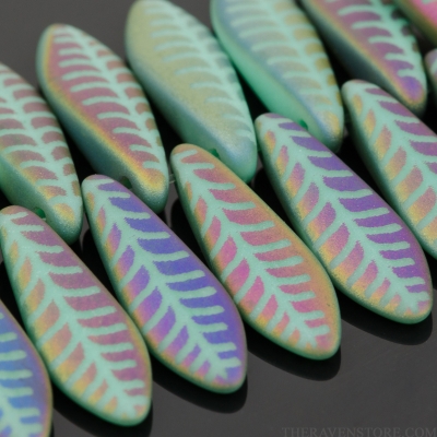 Medium Dagger (16x5mm) Turquoise Opaque with Rainbow Finish and Laser Etched Leaf Design