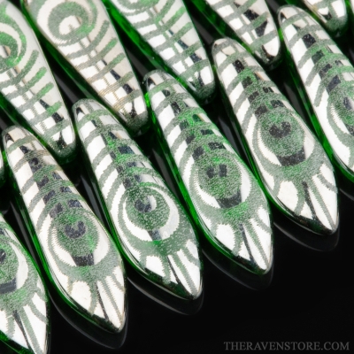 Medium Dagger (16x5mm) Emerald Green Transparent with Chrome Finish and Laser Etched Peacock Design