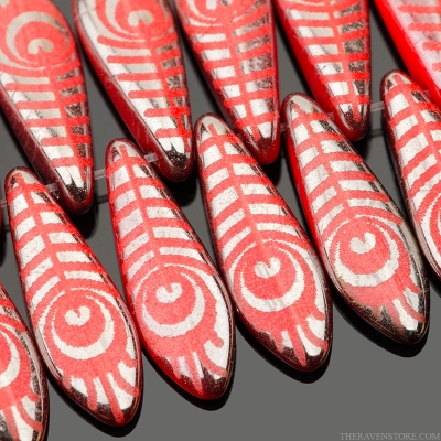 Medium Dagger (16x5mm) Coral Red Opaque with Silver Finish and Laser Etched Peacock Feather Design