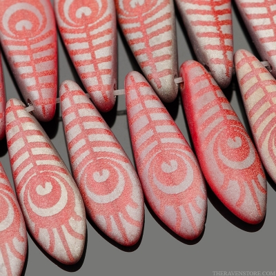 Medium Dagger (16x5mm) Red Opaque Matte with Chrome Finish and Laser Etched Peacock Feather Design