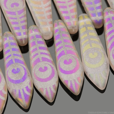 Medium Dagger (16x5mm) Crystal Transparent Matte with Rainbow Finish and Laser Etched Peacock Feather Design