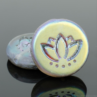 Coin with Lotus Flower (14mm) Aqua Transparent Matte with Gold and Pink Iridescent Half Coat Finish-osx
