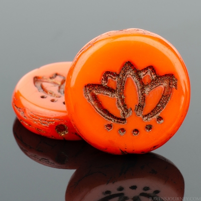 Coin with Lotus Flower (14mm) Orange Opaque with Dark Bronze Wash-osx