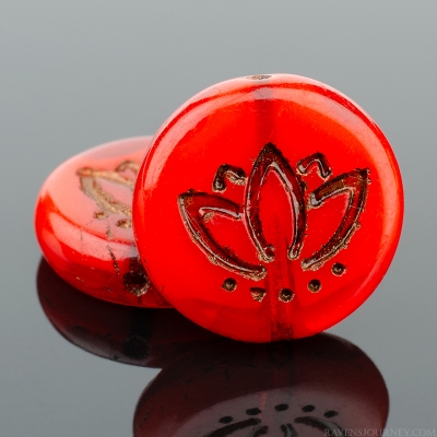 Coin with Lotus Flower (14mm) Burnt Orange Opaline with Dark Bronze Wash (2)-osx