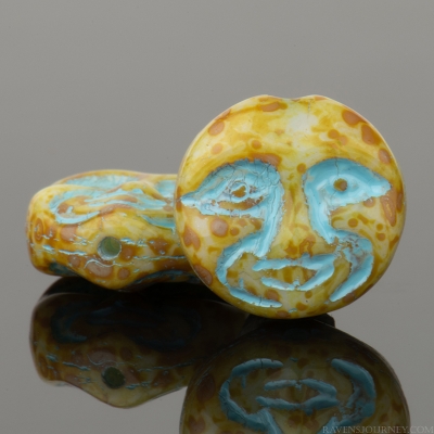 Moon Face (13mm) Ivory Opaque with Picasso Finish and Aqua Blue Wash, 10 Strands of 15 Beads per Unit *Last Unit Remaining*