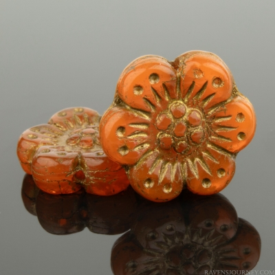 Wild Rose (14mm) Orange Opaline with Dark Bronze Wash, 10 Strands of 12 Beads per Unit *Last Unit Remaining*