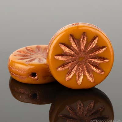 Coin with Aster (12mm) Mustard Orange Opaque with Copper Wash, 9 Strands of 15 Beads per Unit *Last Unit Remaining*