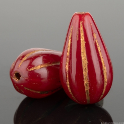 Melon Drop (13x8mm) Red Opaline with Dark Bronze Wash