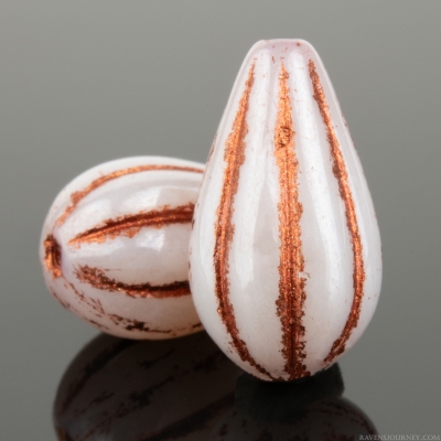 Melon Drop (13x8mm) White Ivory Opaque with Luster and Copper Wash
