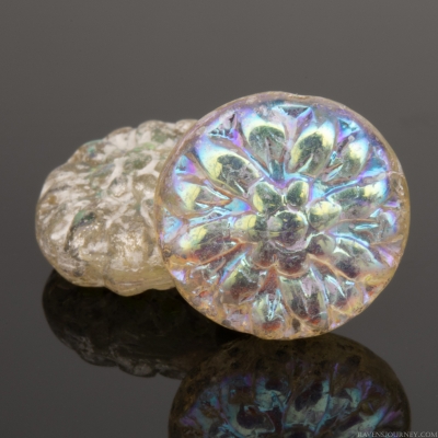 Dahlia Flower (15mm) Light Topaz Transparent with Antiqued Silver and Aurora Borealis Finish