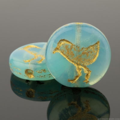 Coin with Bird (12mm) Aqua Blue Opaline Vaseline Silk with Bright Gold Wash