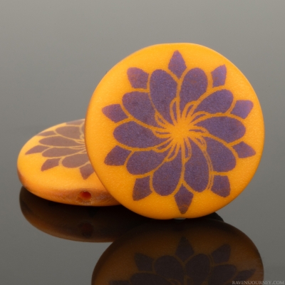 Coin (17mm) Orange Opaque Matte with Rainbow Finish and Laser Etched Dahlia Design