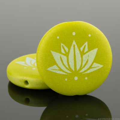 Coin (17mm) Gaspeite Opaque Green with Aurora Borealis and Laser Etched Lotus Flower Design, 4 Strands of 8 Beads per Unit *Last Unit Remaining*