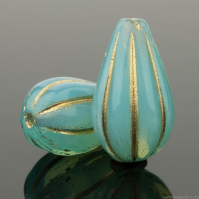 Melon Drop (13x8mm) Aqua Blue Opaline Vaseline with Gold Wash