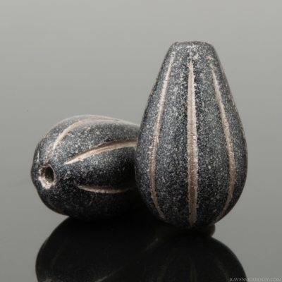 Melon Drop (13x8mm) Black Opaque Matte with Silver Patina and Platinum Wash