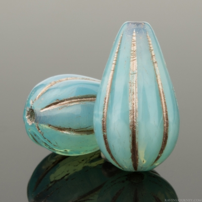 Melon Drop (13x8mm) Aqua Blue Opaline Vaseline with Platinum Wash