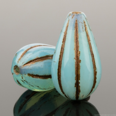 Melon Drop (13x8mm) Aqua Blue Opaline Vaseline with Dark Bronze Finish