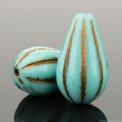 Melon Drop (13x8mm) Turquoise Opaque with Dark Bronze Wash