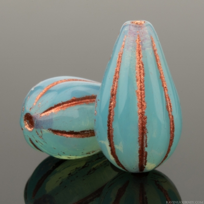 Melon Drop (13x8mm) Aqua Blue Opaline Vaseline with Copper Wash