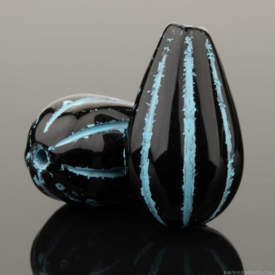 Melon Drop (13x8mm) Jet Black with Turquoise Wash