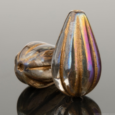 Melon Drop (13x8mm) Smokey Topaz Transparent with Iridescent Luster and Turquoise Opaque with Dark Bronze Wash