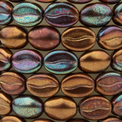 Coffee Bean (11x8mm) Metallic Shiny Reddish Bronze with Aqua and Purple Patina