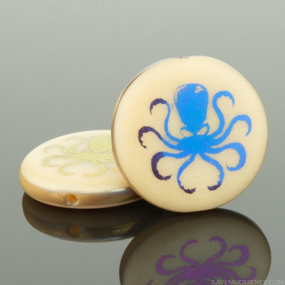 Coin (17mm) Ivory Opaque with Laser Etched Rainbow Finish Octopus Design