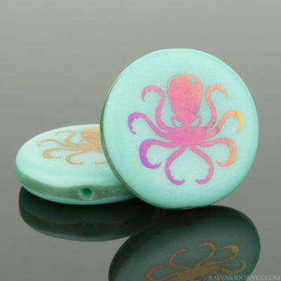 Coin (17mm) Turquoise Opaque with Laser Etched Rainbow Finish Octopus Design