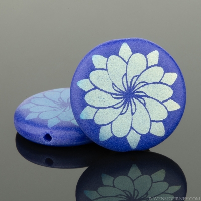 Coin (17mm) Lapis Blue Opaque Matte with Laser Etched Aurora Borealis Dahlia Flower Design
