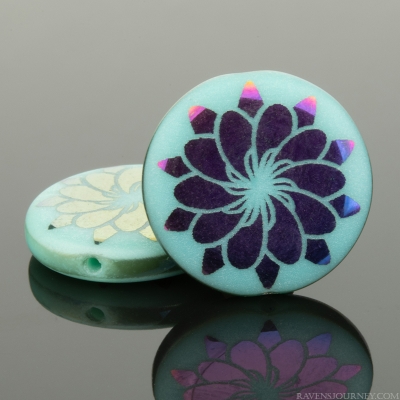 Coin (17mm) Turquoise Opaque with Laser Etched Rainbow Finish Dahlia Flower Design