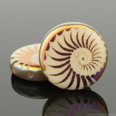 Coin (14mm) Ivory Opaque with Laser Etched Rainbow Finish Spiral Design