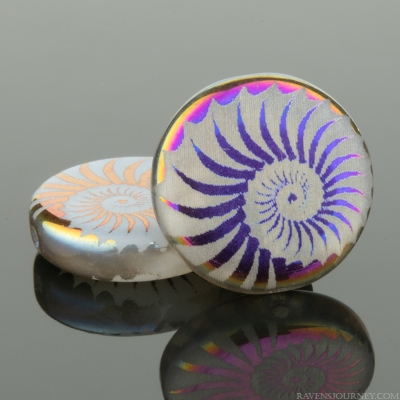Coin (14mm) White Opaline with Rainbow Finish Spiral Design