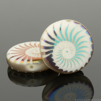 Coin (14mm) White Ivory Opaque with Laser Etched Rainbow Finish Spiral Design