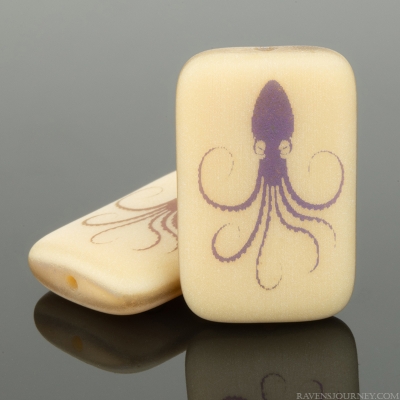 Rectangle (19x12mm) Ivory Opaque Matte with Laser Etched Rainbow Finish Octopus Design