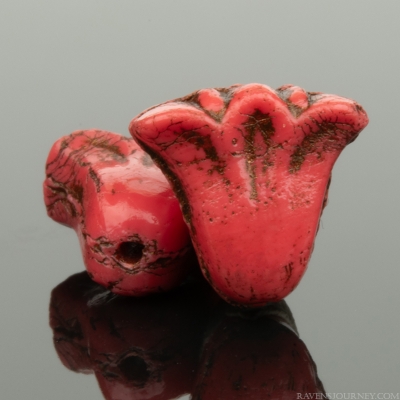 Lily (9x10mm) Coral Red Opaque with Dark Bronze Wash