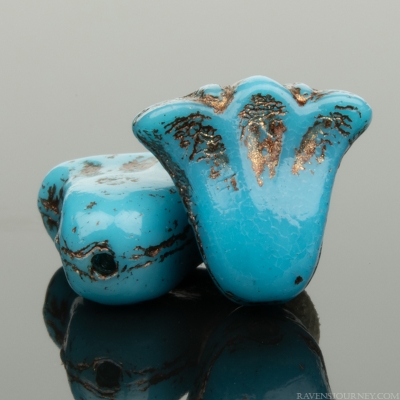 Lily (9x10mm) Teal Turquoise Blue Opaque with Dark Bronze Wash
